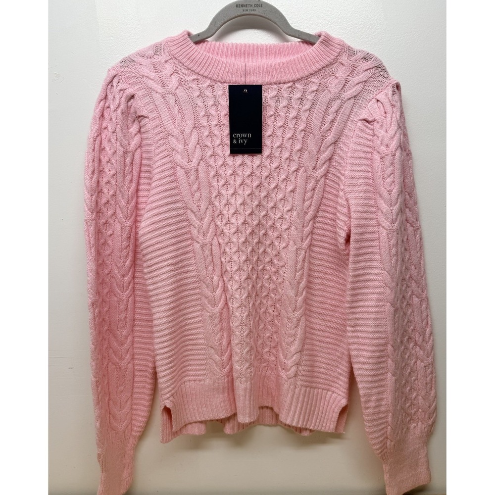 Crown & Ivy Women's Pink Cable Knit Puff Sleeve Crewneck Sweater Medium #1